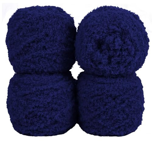 Uiopa Flauschige Wolle Garn Dunkelblau, 400g(4 x 100g, 4 x 80m) Plüschwolle zum Stricken 3 Stränge Fransengarn, Handstrickgarn Weiche Häkelwolle zum Decken Schals Mützen DIY-Projekte