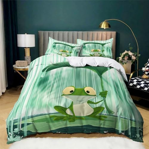 WHUOEUCO Bettwäsche 3 Teilig Cartoon-Frosch Grün 180 x 200 cm Bettwäsche Set 2 Kissenbezüge 80x80 cm, Bettbezug mit Reißverschluss Atmungsaktive Ganzjahresbettwäsche