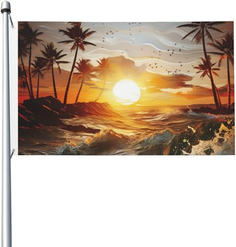Flagge mit Palmen Meereswellen Sonnenuntergang Lilien und Schmetterlingen 3x5 FT Flaggen für draußen lustiges Banner Gartenflagge doppelseitiger Druck Willkommens-Hofbanner für Zuhause Garten Hof Ras
