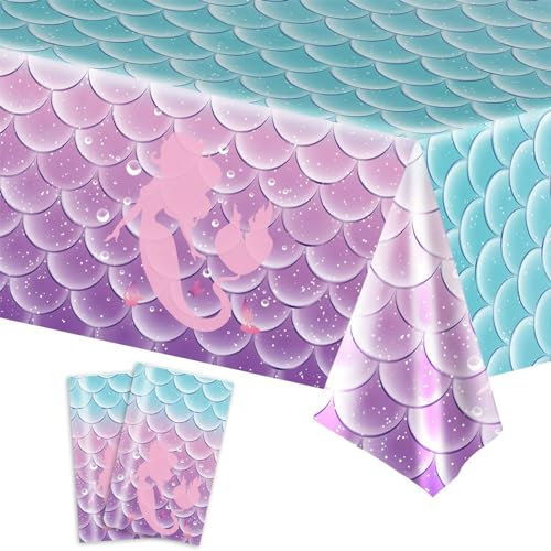 Meerjungfrau Party Tischdecke, 2 Stück Tischdecken Geburtstag, Mehrfach Verwendbar, Wasserdicht Tischtuch, Meerjungfrau Thema Geburtstag Party Dekoration für Kinder Mädchen Jungen 137 x 274cm