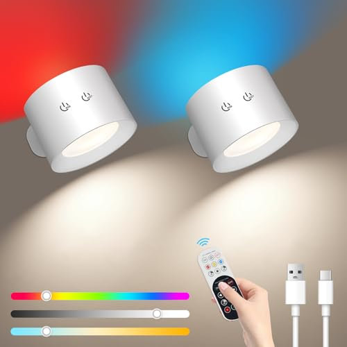 LED Wandleuchte Innen, 2 Stück Wandlampe mit Fernbedienung, 3 Farbtemperaturen 12 RGB-Farben, 3 Farbmodi Dimmbar, 360° Drehbare Touch Control Kabellose Akku Lampe für Wohnzimmer, Schlafzimmer