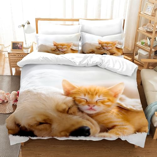 PORJDN Bettwäsche Set Katzen und Hunde, Kinder bettwäsche, mit Bettbezug und Kissenbezug 65x65cm.Kitty Muster Bettbezug 3D Haustier Katze Bettbezug Set. (Katzen und Hunde-2, 220x240cm)