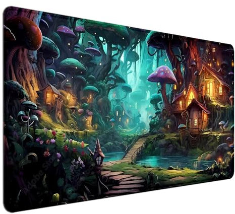HUOCAIREN Mushroom Anime Schreibtischunterlage (90,9 x 39,9 cm), Feenwald, großes Gaming-Mauspad für Laptop, Computer, magische Spielmatten, komplettes Schreibtisch-Mauspad, Fantasy-Kunst,