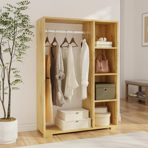 [en.casa] Kleiderschrank Nesbyen Eichenoptik 126 x 90 x 30 cm | offener Garderobenschrank mit Kleiderstange und 4 Ablagen, Kleiderständer für Jacken, Schuhablage