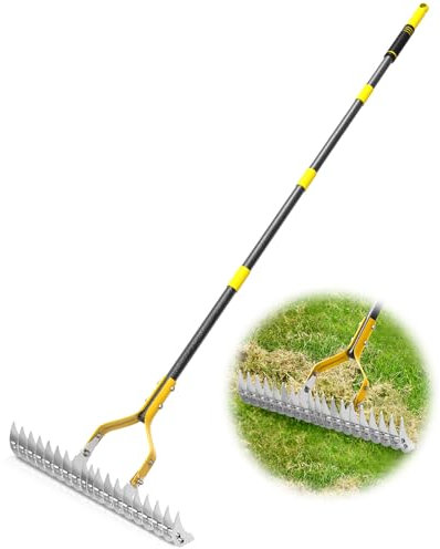 Rechen, 38,1 cm breit, Rasenrechen zum Reinigen von totem Gras, 15 m, robuster Dethatcher-Rechen, effizienter Metallrechen mit weichem Schwammgriff, Rasenlockerung von Boden, Grasrechen