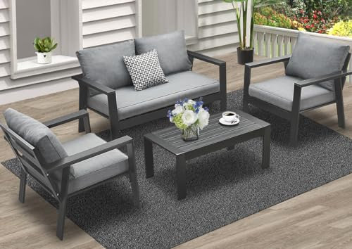 Gartenmöbel Set Aluminium 4 TLG, 2-Sitzer Sofa, 2 x Einzelsessel, 1 x Couchtisch, 7 x Auflagen, wetterfest Balkonmöbel für Garten, Balkon & Terrasse (grau)