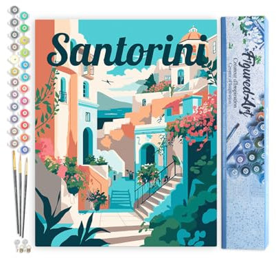 Figured'Art Peinture par Numéro Adulte Affiche de voyage Santorin en fleurs - Activité Manuelle Kit de Loisir Créatif DIY Numéro d'Art Complet - 40x50cm sans châssis en bois