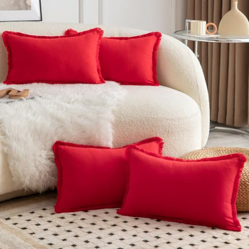 Mandioo 4er Set Neutralen Baumwolle Kissenbezug 30x50cm Herbst Quasten Dekorative Kissenbezüge Boho Sofakissen Dekokissen Kissenhülle für Couch Sofa Schlafzimmer Wohnzimmer Rot