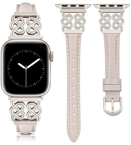 TOYOUTHS Leather Strap Compatible with Apple Watch Straps Women 42/41/40/38mm Dressy Slim Leather Strap with Designer Heart Knot Buckle for iWatch Series 10/9/8/7/6/SE/5/4/3/2/1, Starlight/Starlight