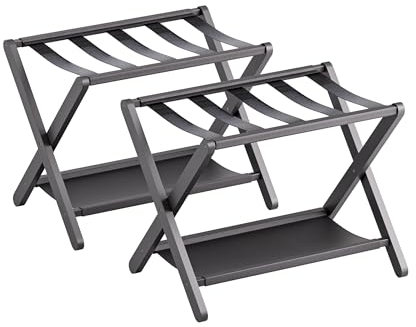 vovala Portaequipajes, Juego de 2, Soporte plegable para maletas con estante de almacenamiento, Portaequipajes de bambú premium para habitación de invitados, hotel, Soporta hasta 61 kg (Negro)