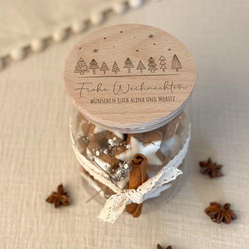 hellomini Personalisiertes Vorratsglas mit Holzdeckel, Keksdose mit Gravur, Geschenk zu Weihnachten, Keksglas mit Buchenholz Deckel, Zwei Größen (Wald, 750ml)