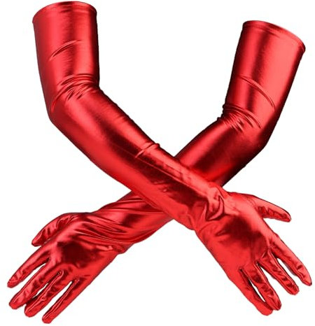 Hioip Women's Faux Leather Sexy Long Gloves - Wet Look Opera Gloves for 80's Fancy Dress, Shiny Latex Adult Costume for Cosplay, Evening Party, Wedding (Red)