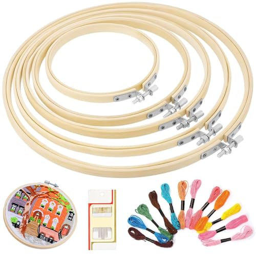 Megcdtr Bambus Stickrahmen Set, 5 Stück Kreuzstich Ringe, Runde Stickrahmen, Bambus Kreis Kreuzstich Hoop Ringe mit 1 Schachtel Nadeln + 12 Farben Stickgarn für Handnähhandwerk