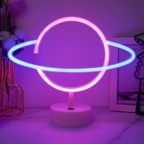 JEMESI Planet Neonschilder, LED-Neonlicht-Schilder, Angetrieben durch Batterie/USB, Schlafzimmer-Nachtlicht, Beleuchtet Geburtstag, Party- blau und rosa