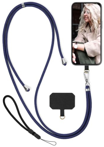 moex Unleash für Samsung Galaxy A56 5G Handyband zum Umhängen ohne Hülle, Handykette Universal mit Karabiner, Handy Band abnehmbar, Kette mit Pad für Handyhülle, Blau, Silber