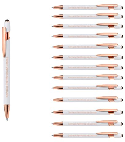 Pack 50 bolígrafos Personalizados con tu nombre o texto | Lorix Blanco | Puntero para dispositivos móviles | Grabado a láser | Lote bolígrafos publicitarios, bodas, comuniones, merchandising