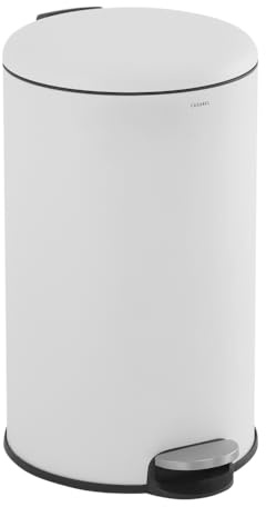 CASABEL Poubelle Cuisine Ronde 30L, Acier Inoxydable, Blanc | Ouverture à pédale, Fermeture douce, Acier inox anti-traces, Anneau maintien du sac, Poignée de transport, Entretien facile