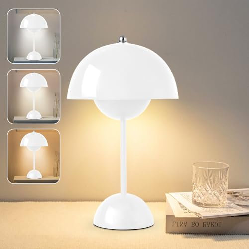 DASIAUTOEM Pilzlampen Tischlampe, LED Akku Tischlampe Kabellos, 3000k-6000k Moderne Aufladbar Touch Dimmbar Nachttischlampe mit 3 Helligkeitsmodi, Pilz Lampe für Schlafzimmer Wohnzimmer (Weiß)