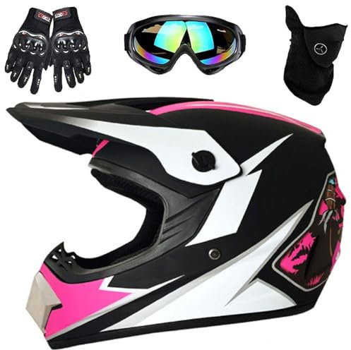 Casque Vtt IntéGral Pour Enfant Avec Lunettes, Gants, Masque, Quatre Saisons, éQuipement de Protection Contre Les Collisions, Homologué Dot(Pink ghost,L(56-57cm))