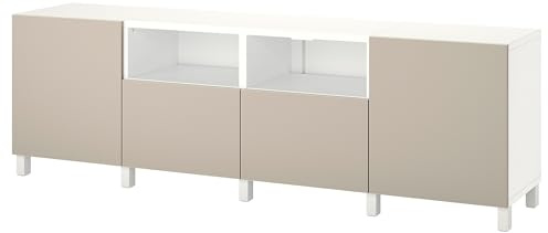 ProTuning BESTÅ Banc TV avec portes et tiroirs, blanc/Lappviken/Stubbarp gris clair/beige, 240x42x74 cm