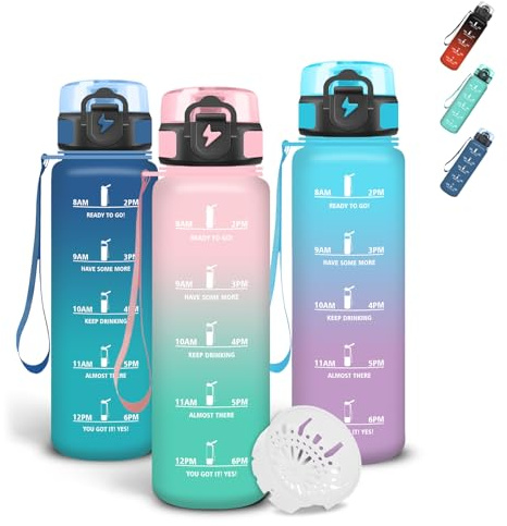 Grsta Trinkflasche 500ml, Auslaufsichere Trinkflasche Kinder mit Filter und Schnürung, Wasserflasche mit Zeitmarkierung, Sichere Verriegelung, Flasche für Erwachsene, Gym, Joggen