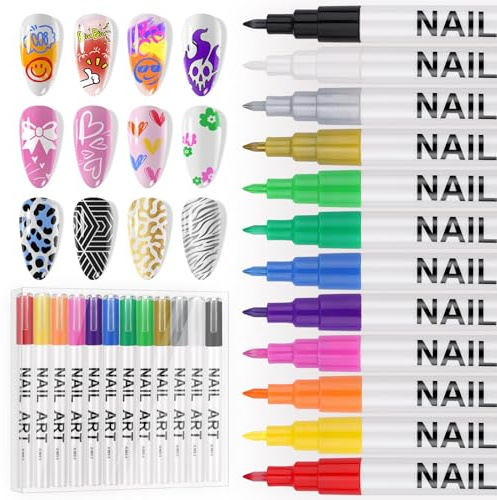EBANKU 12 Farben 3D Nagelkunst Stifte Set, 0.7 mm Nagellackstifte Graffiti Punktierstift, Zeichen und Mal Liner Pinsel für den Heimsalon, schnelle DIY Nagelkunst
