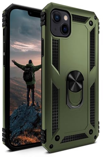 ONEFLOW für iPhone 14 Hülle mit Handygriff Ständer, Outdoor Schutzhülle stoßfest Panzerhülle mit Kameraschutz, Handyhülle Hybrid TPU Case, Titan Cover, matt Grün