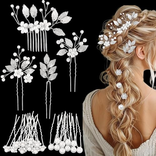 4 accesorios para el cabello de boda mujer, 10 horquillas de perla flor novias, 10 horquillas de flor con pedrería para novias y damas de honor