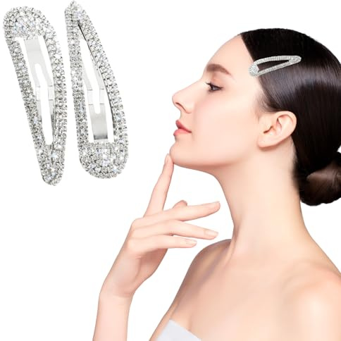 Silver Hair Accessories - Homiladi Rhinestone Hair Clips for Women | Bling Crystal Snap Hair Barrettes with Glitter, Metal Duckbill French Hair Grips for Party, Wedding, Valentine's Day Hair