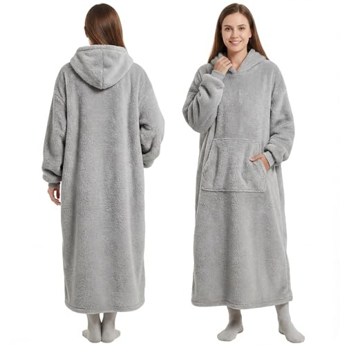 Qutool Hoodie Decke mit Ärmeln und Kuscheldecke, Weich Warm Tragbare zum Anziehen für Erwachsene, Kuschelpullover als Geschenke für Frauen, Mütter, 129x85 cm, Grau