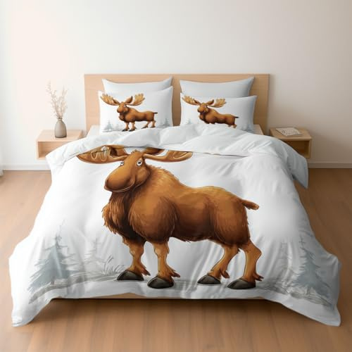 Generisch Bettwäsche 155 x 220 cm Mikrofaser Bettbezug, Cartoon Tier Elch Bäume Wende-Bettwäsche-Set, Bettbezug und 2 x Kissenbezüge Atmungsaktiv Maschinenwaschbar, Weiß