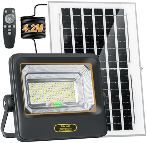 BOSITE Focos LED Exterior Solares 200W, Focos Solar Exterior con Control Remoto, 10000mAh, IP67 Impermeable, Luz Blanca Fría 6500K, 4.2M Cable Luz Solar Exterior para Jardin Garage Patio