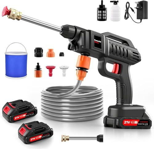 Limpiador de alta presión con batería, Max60bar, pistola de agua móvil de alta presión con conector de grifo y batería de 2 x 2000 mAh, limpiador inalámbrico con pulverizador de espuma, cubo, 2