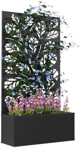 Outsunny Jardinière avec Treillis, Feuilles Rondes, 61x23x113cm, Noir | Brise-Vue Paravent, Jardinière Extérieure Métal, sur Pieds ou Murale, Bac à Fleurs Rectangulaire, Balcon Terrasse Noir