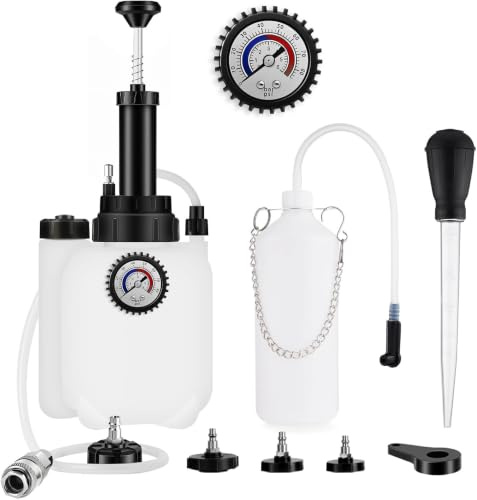 JERLITU 3L Bremsenentlüftungsgerät +1L Absaugbehälter Bremsenentlüfter Auto | Bremsflüssigkeitswechselgerät mit 4 Hauptzylinderadaptern, 30ml Flüssigkeitstropfer, Universal Vakuumpumpe für Motorrad KFZ