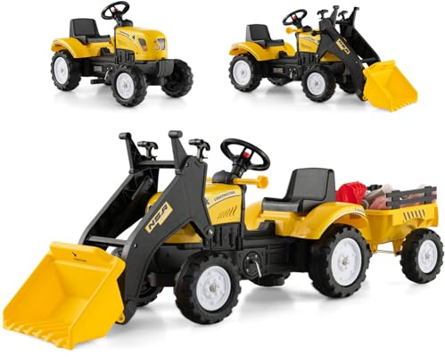 Kids Ride on Excavator, Pedal Go Kart with Manual Control Bucket, Detachable Cargo Trailer, Shovel, Rake, 6 Wheels, Horn, Construction Tractor for Kids 3+