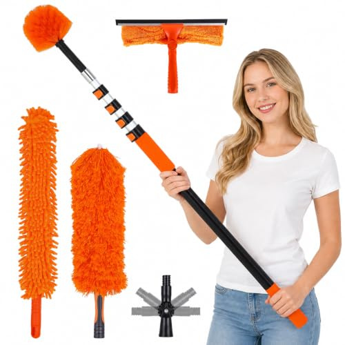 Kit de Limpieza telescópico 3,6 m, Plumero 4 en 1 con limpiacristales | Limpieza en altura, Kit 4 en 1, Mango telescópico, Cabezales lavables, Para techos y ventanas