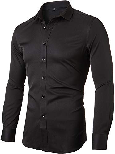 INFLATION Mens Bamboo Shirt Slim Fit Long Sleeve Formal Shirt Casual Button Down Dress Shirts for Men, Black, Size M (Manufacturer tag 41)