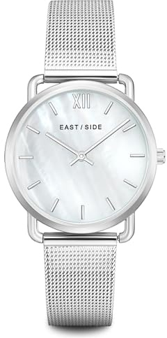 Eastside Damen Uhr Metall-Legierung Silber Quarzwerk 3 ATM | Edelstahl Armband, silber, Milanaise, Zifferblatt weiß, Mineralglas, Armbanduhr, Fashion-Uhr