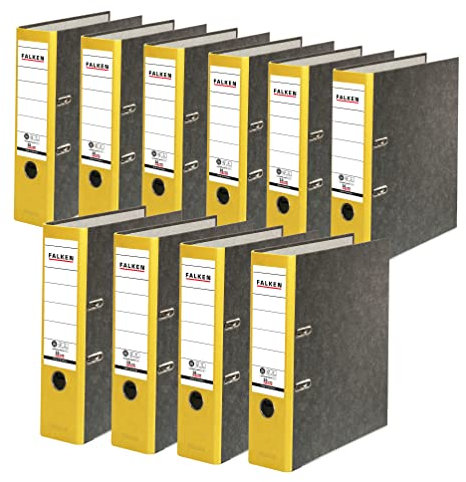 Original Falken 10er Pack Recycling-Ordner Wolkenmarmor. Made in Germany. 8 cm breit DIN A4 gelber Rücken Ringordner Aktenordner Briefordner Büroordner Pappordner CO2-Neutral Blauer Engel
