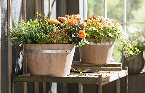 Dekoleidenschaft 2 Pflanzkübel aus Holz mit Metallring, Blumentopf, Pflanzcontainer, Blumentöpfe, Pflanzschale, Pflanztopf, Holzfass, Pflanzgefäß, Garten-Deko für Draußen