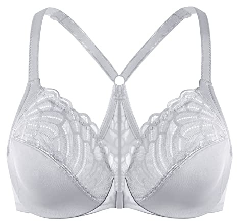 MELENECA Women's Front Fastening Racerback Plus Size Stretch Lace Underwire Unlined Bras Grey 34B