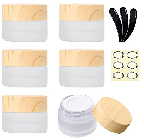 Yalbdopo 6Pcs 10ml / 10g Empty Frosted Clear Glass Cosmetic Sample Containers with Wood Grain Plastic Lids and Inner Liners - Refillable Mini Travel Pot Jars for Makeup Creams Lip Balm Beauty Nails