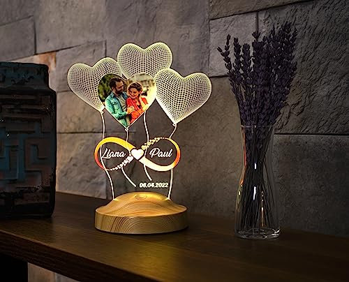 Geschenkelampe Fotogeschenk Personalisierbar mit eigenem Foto und Text in 3D Bilder Led Motiv Lampe gravieren hochzeit Herz (Unendliche Liebe)