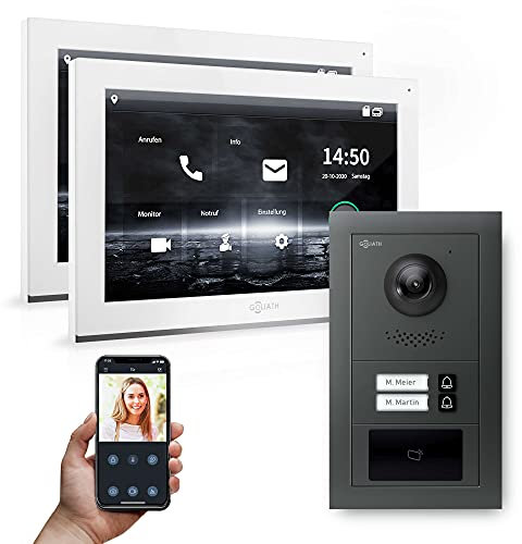 Goliath Hybrid | IP | Full-HD Video Türsprechanlage | App | 2-Fam | 2 x Full-Touchscreen 10 | Aluminium Unterputz Türstation | + RFID | 180° Ultra-Weitwinkel | AV-IPS-632