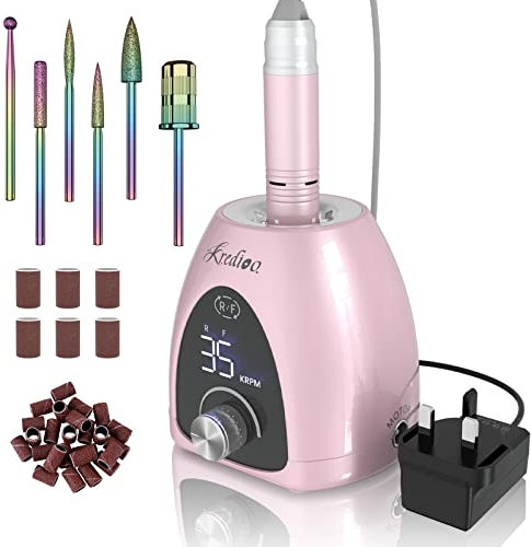Kredioo Professional Electric Nail Drill Machine 35000RPM Electric Nail Files for Acrylic Nails Gel Nails Manicure Pedicure Salon E File Kit with Pause Button LED Display, 36W, UK Plug, Rose Pink