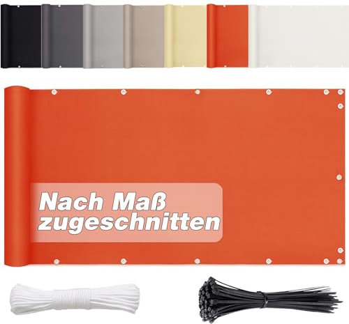 Balkon Sichtschutz 75cm x 300cm, Blickdichte (viele Längen und Breiten Zur Auswahl) PES Balkonumrandung Wind und UV-Schutz, mit Ösen, Nylon Kabelbinder und Kordel, Orange
