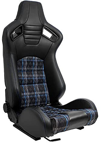 AUTO-STYLE Sportsitze 'GT' - Schwarz Kunstleder + Stoff in Blau Karomuster + Blaue Naten - Doppelseitig Verstellbare Rückenlehne - inkl. Laufschienen