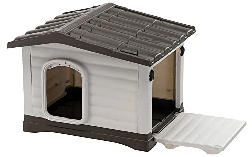 Ferplast Hundevilla XS Hundehütte für extra kleine Hunderassen, Maße 58 x 43 x 43 cm (L x B x H), belüftet mit patentierter ausklappbarer Veranda, cremefarben mit dunkelbraunem Boden, Teilenummer