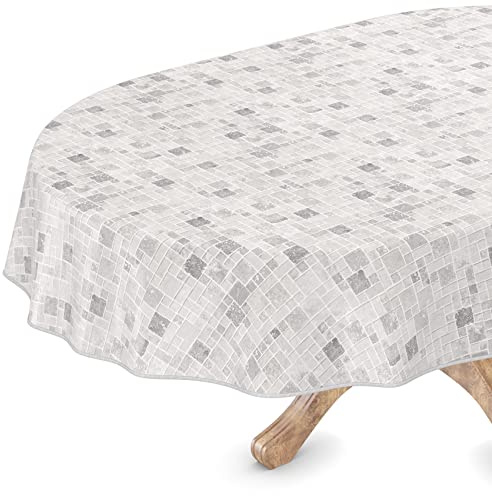 ANRO Wachstuchtischdecke Wachstuch Vinyl abwischbar Wachstischdecke Tischdecke Oval 140 x 300cm mit Saum Fliesen Grau abwaschbar wasserabweisend Gartentischdecke Meterware pflegeleicht